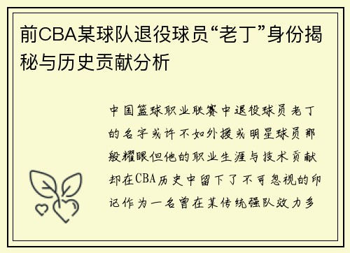 前CBA某球队退役球员“老丁”身份揭秘与历史贡献分析