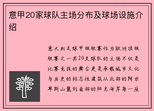 意甲20家球队主场分布及球场设施介绍
